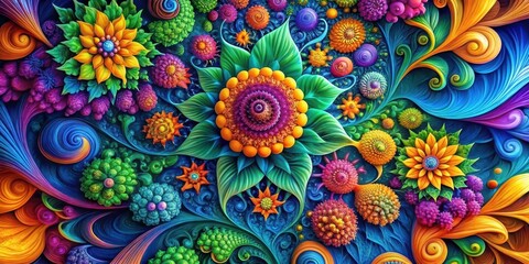 Vibrant Floral Tapestry A Symphony of Colorful Blossoms and Swirling Organic Forms in a Rich, Deep Hue Palette