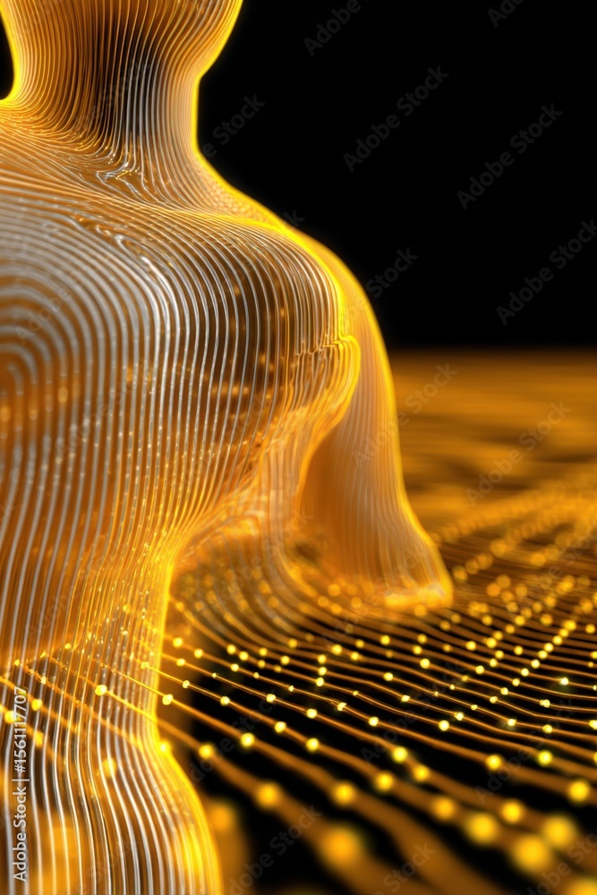 Poster futuristic digital human figure composed of glowing golden lines and particles representing technolo