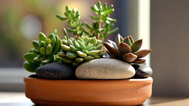 Close-up of succulent plants in a terracotta pot arranged with stones illuminated by natural light near a window