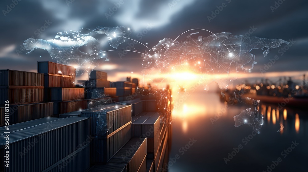 Poster modern logistics and cargo shipping scene with containers and digital global network technology du s