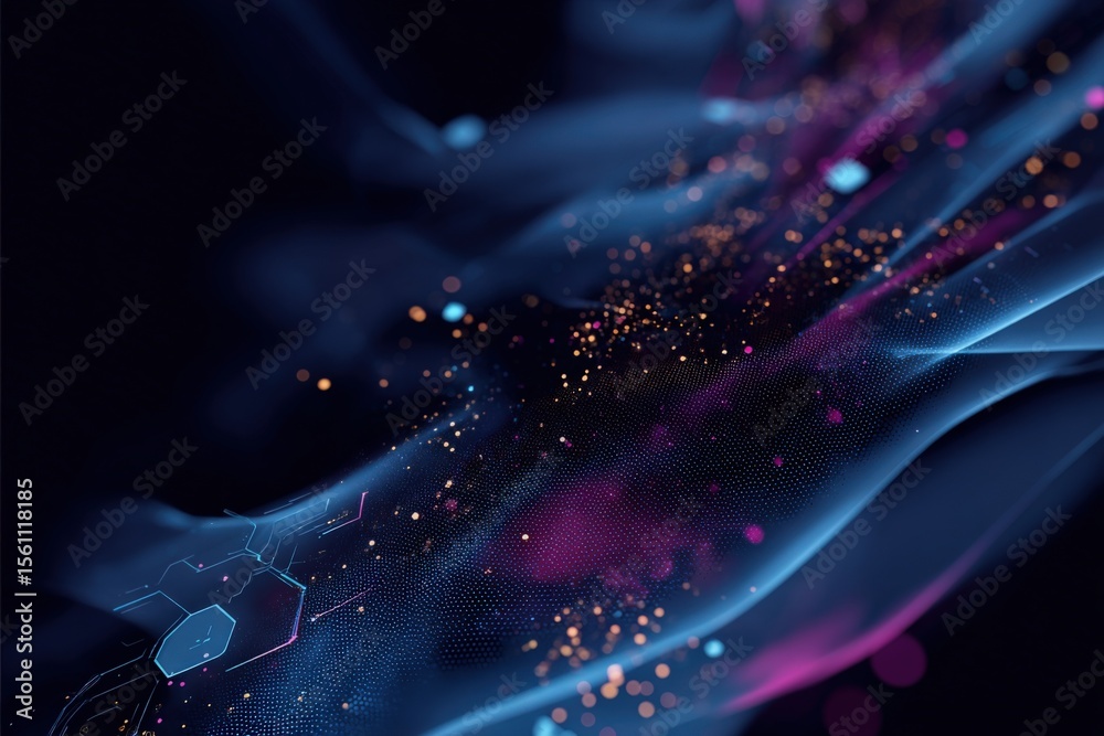 Poster Vibrant Abstract Background with Dynamic Light Waves Sparkling Particles and Geometric Elements in Deep Dark Blue and Pink Tones