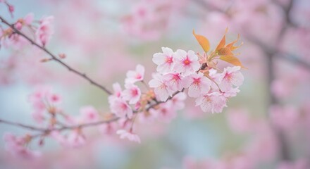 Obraz premium Close-up view of delicate pink cherry blossom flowers blooming on a branch.