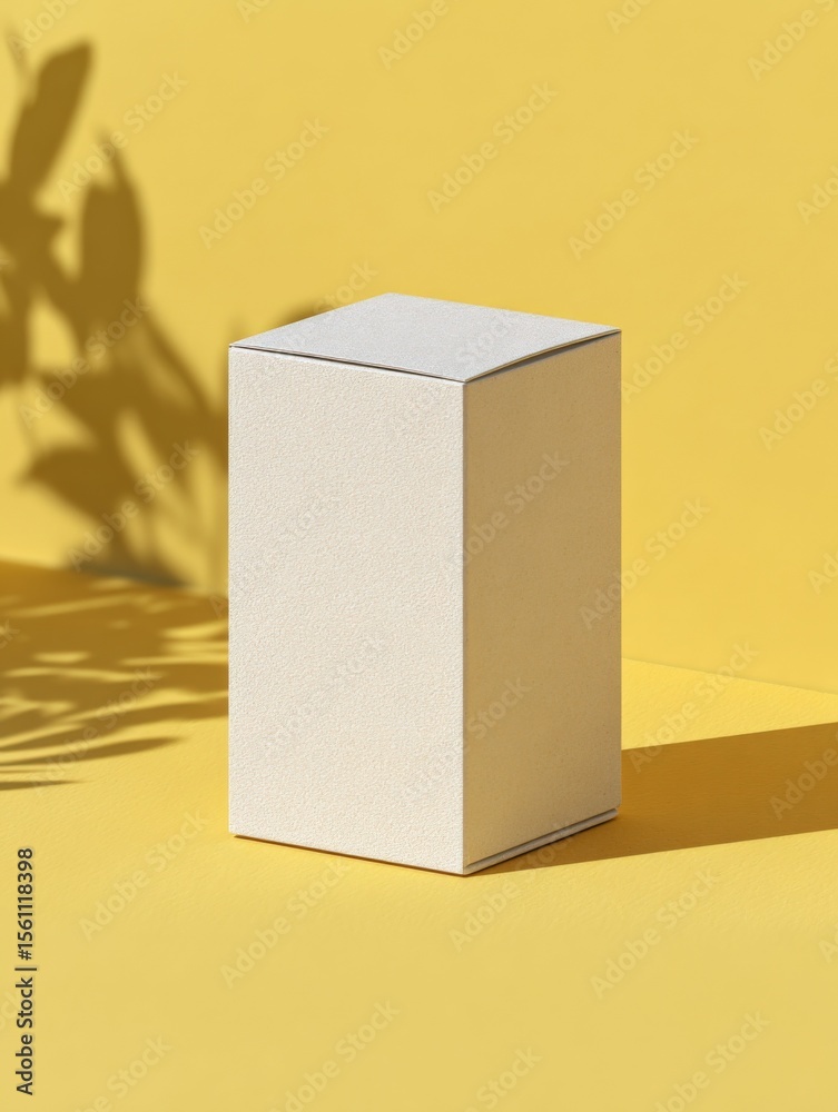 Poster Elegant minimalist white rectangular box with smooth surface and edges placed on yellow background with shadow and plant shadow element