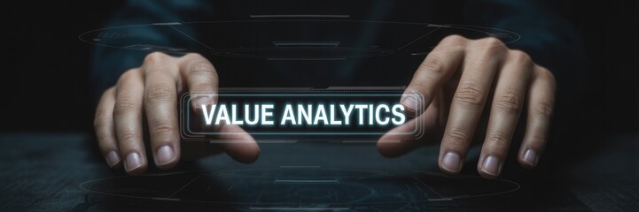 Hands hovering over a holographic display showing the words "value analytics".
