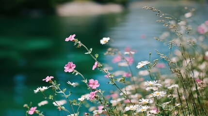 Vibrant Wildflowers Blooming Along a Calm Riverbank Scene with Clear Water and Lush Green Vegetation on a Sunny Day