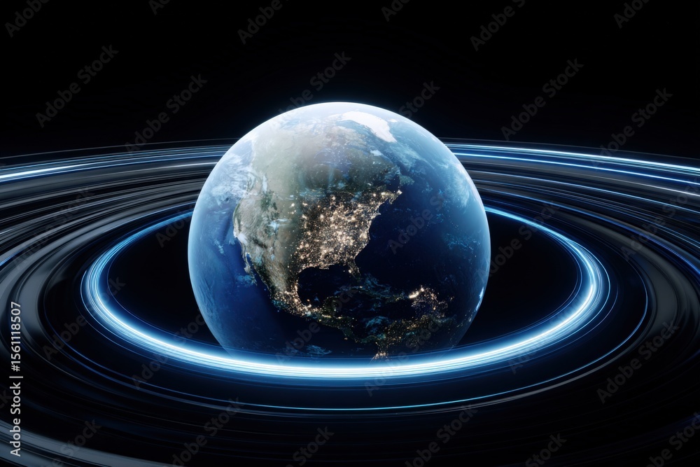 Poster highly detailed digital illustration of earth from space showcasing illuminated continents and glowi