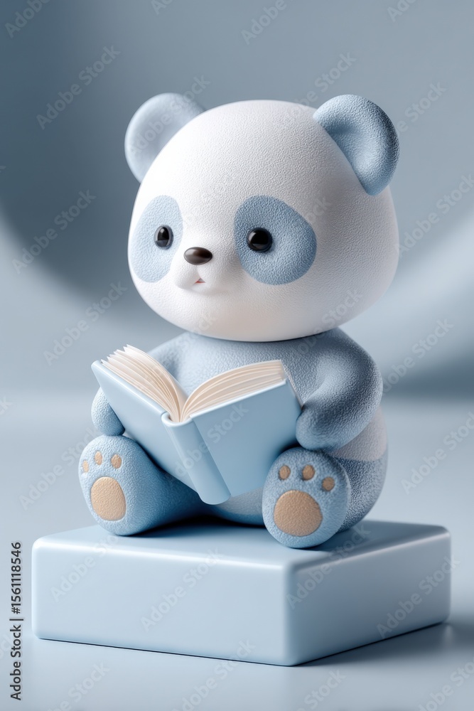 Poster adorable cute panda bear figurine reading a small open book with a soft focused background and reali