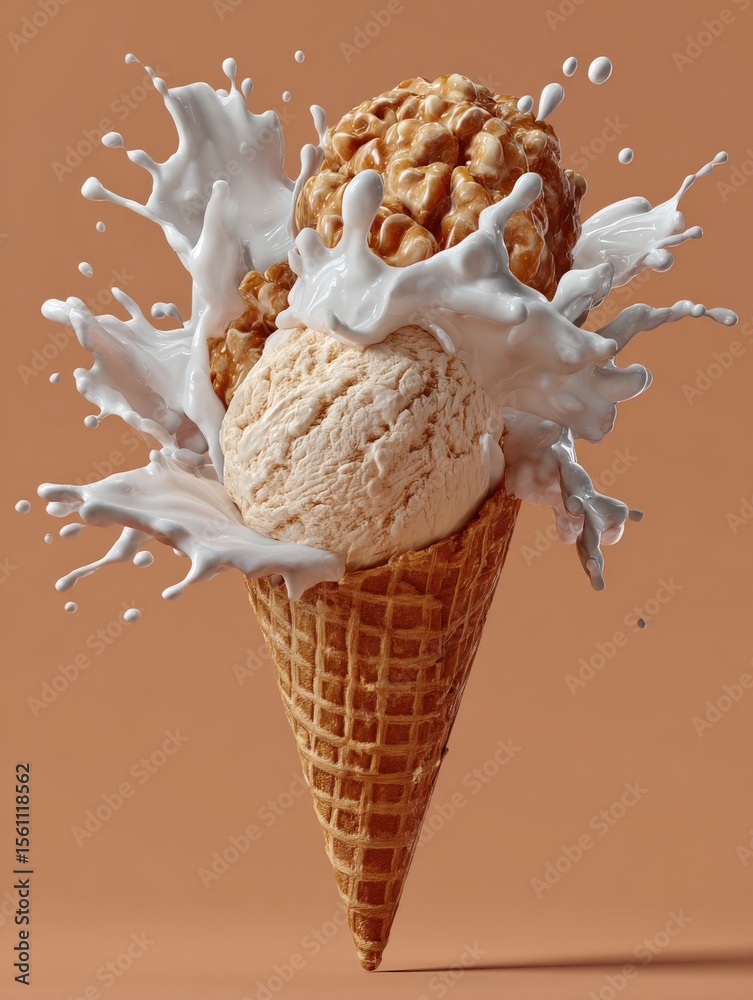 Poster Triple ice cream cone with creamy scoops over a waffle cone with milk splash in mid-air on a warm background with dynamic motion
