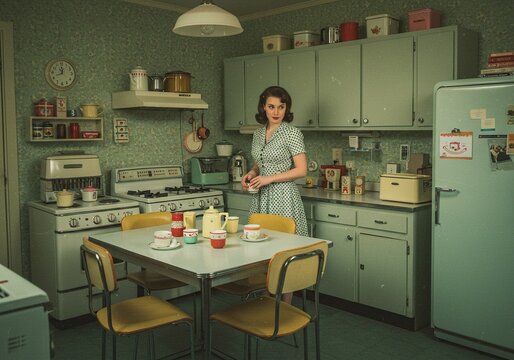 A woman in a vintage 1950s kitchen, preparing a meal, surrounded by pastel-colored appliances and decor.