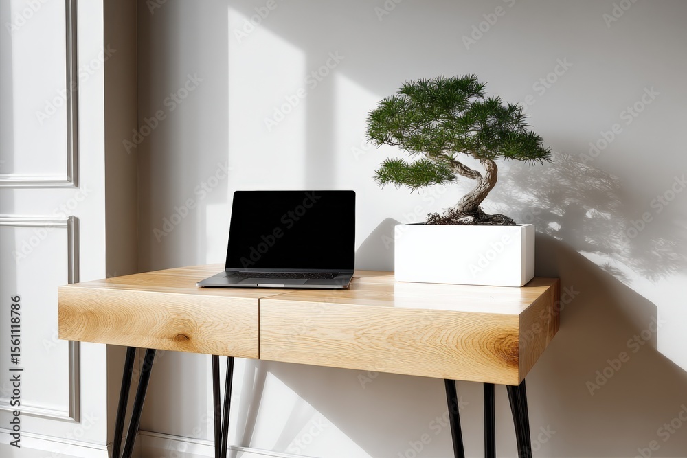 Aufkleber modern minimalist workspace with a sleek black laptop and a small bonsai tree in a white rectangular