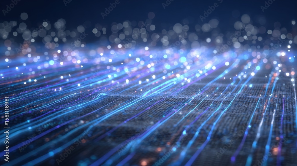Poster Futuristic digital data stream with glowing light points and vibrant wave lines on dark background representing technology and connectivity