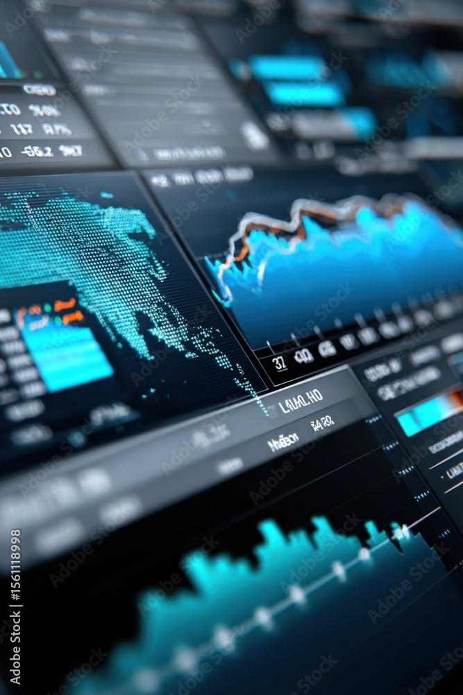 Aufkleber Modern digital financial trading screen with global maps and dynamic stock graphs displaying market data in a high-tech financial environment