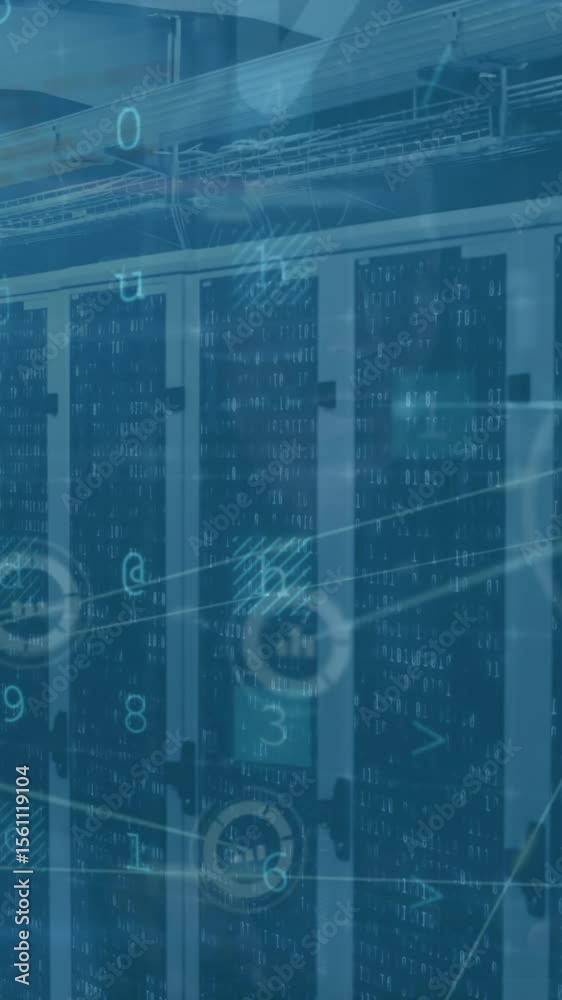 Poster animation of cyberattack warning with data processing and network of connections over server room