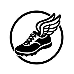 Winged shoe inside circle icon running shoe with wings timeless athletics symbol on transparent background
