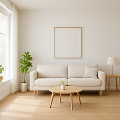 "Minimalist Scandinavian Living Room" Bright living room with white sofa, wood furniture, indoor plants, and soft natural light. Clean, modern Scandinavian interior with peaceful and cozy atmosphere.