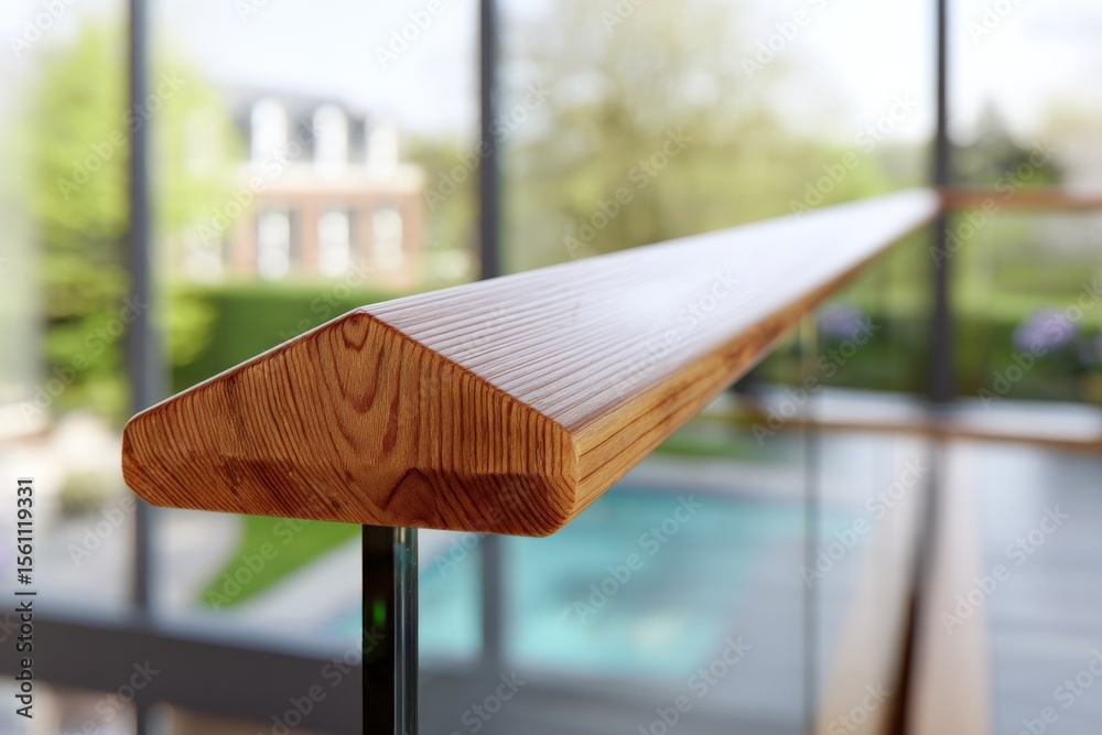 Aufkleber close-up of a polished wooden handrail with textured surface and curved edge inside a modern buildin