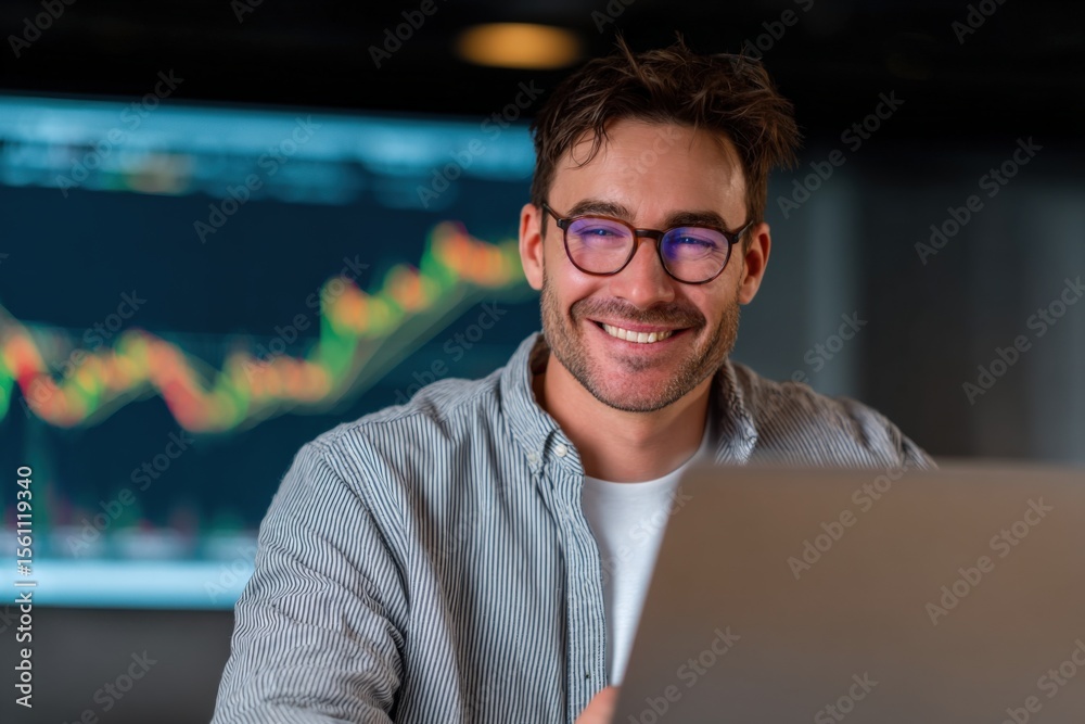 Poster smiling young man with glasses working on a laptop in a financial office environment with stock mark