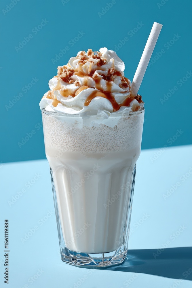 Poster refreshing tall glass of creamy milkshake topped with whipped cream caramel sauce and crunchy toppin