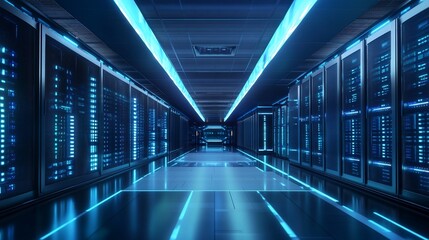 Futuristic Data Center Server Room with Glowing Neon Blue Lights