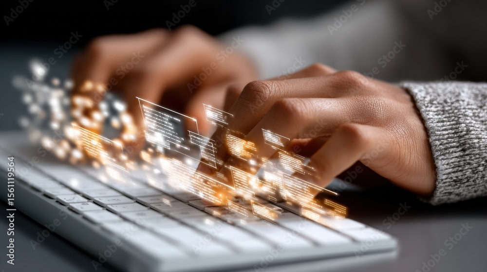 Poster Person Typing on a Laptop Keyboard with Glowing Digital Data and Binary Code Stream for Technology, Programming, and Cybersecurity Concept