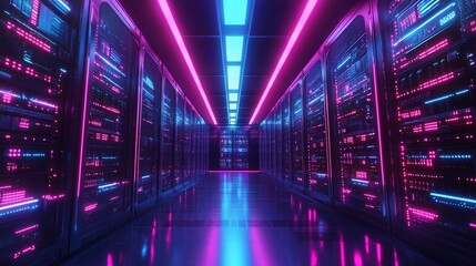 Futuristic server room with neon lights illustrating complex data processing