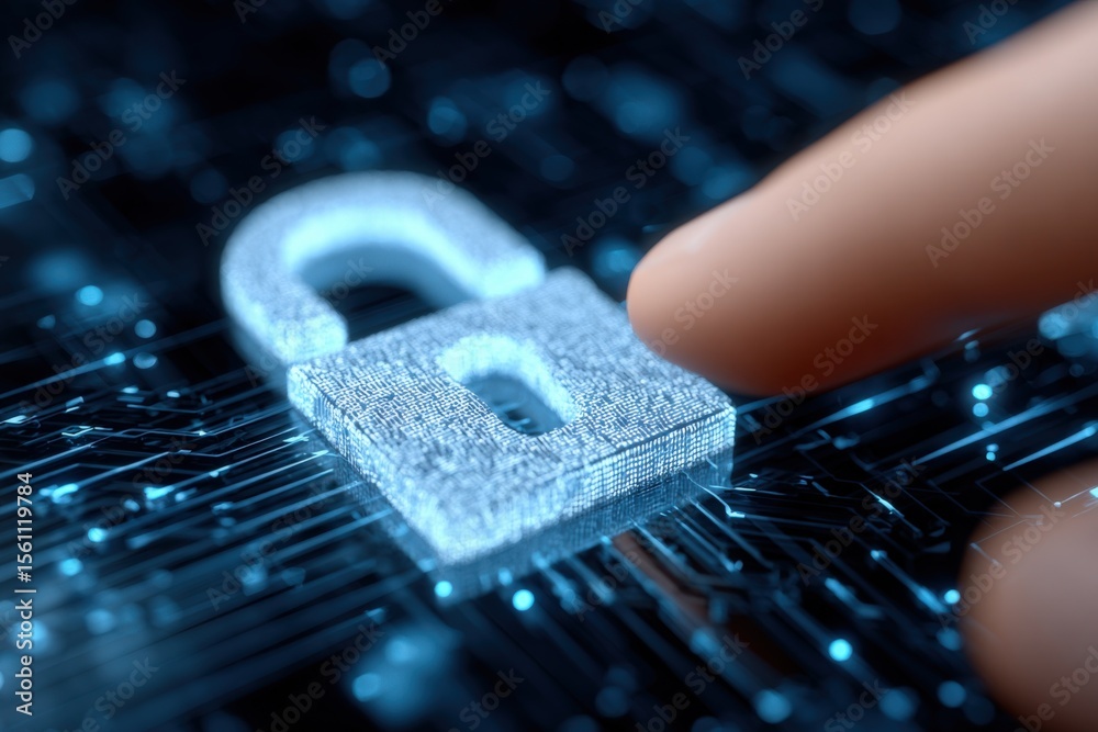 Aufkleber Digital security concept with lock icon on futuristic glowing digital background representing cybersecurity and data protection technology