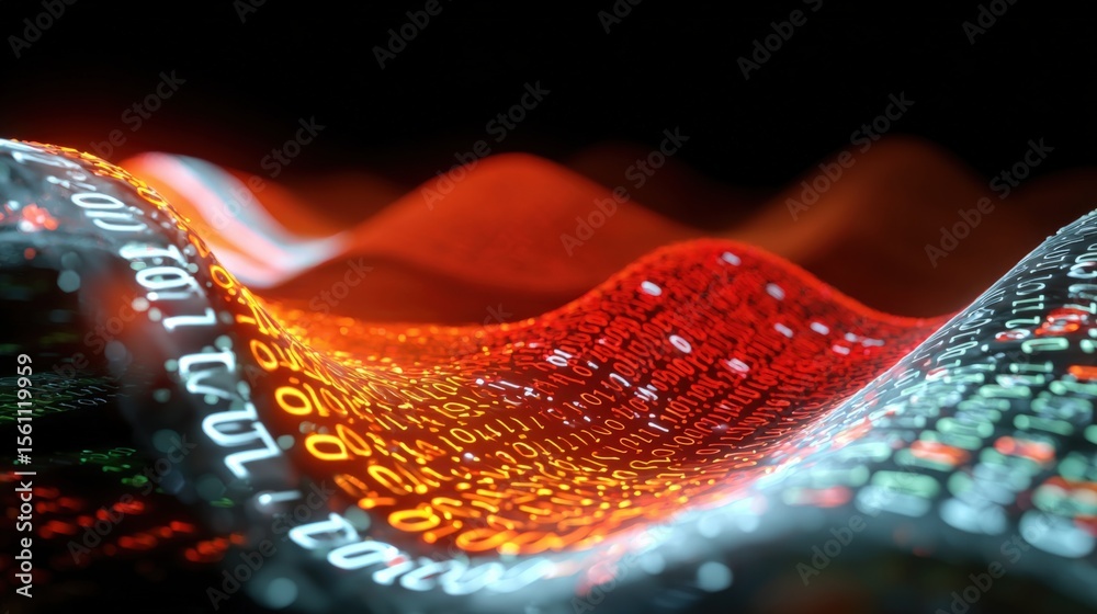 Poster Abstract digital data wave flowing with vibrant binary code and glowing light effects representing high-tech information transfer