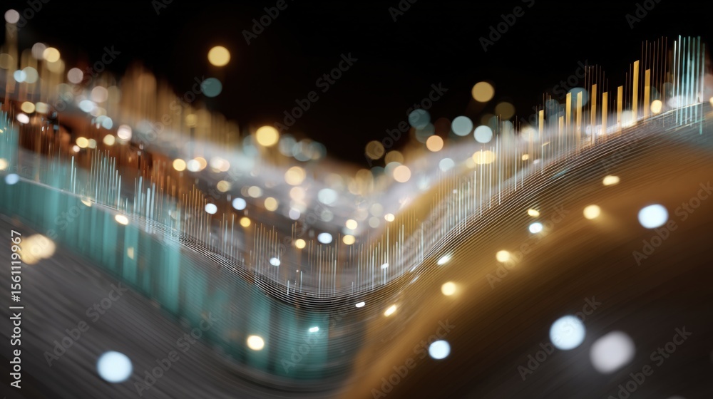 Poster Abstract digital waveform visualization with glowing lights and flowing data streams representing modern technology and network connectivity