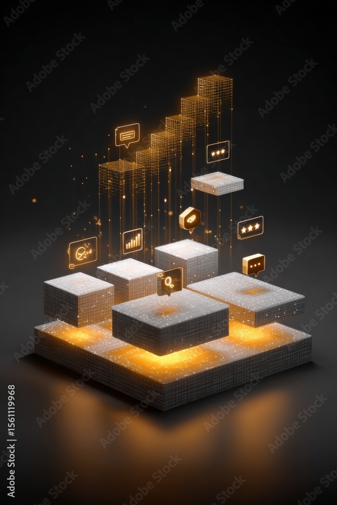 Poster Digital Data Network Technology Concept Illustration with Connected Blocks and Icon Speech Bubbles for Cloud Computing and Cyber Security