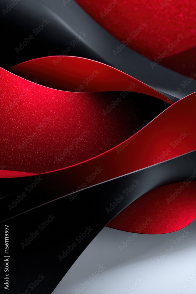 Poster Abstract Close-Up of Red and Black Curved Textured Shapes with Smooth Glossy Surface in High-Resolution Digital Art Composition