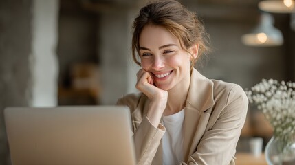 Happy smiling woman working on a laptop at a modern cafe or coworking space with cozy interior decor and natural light