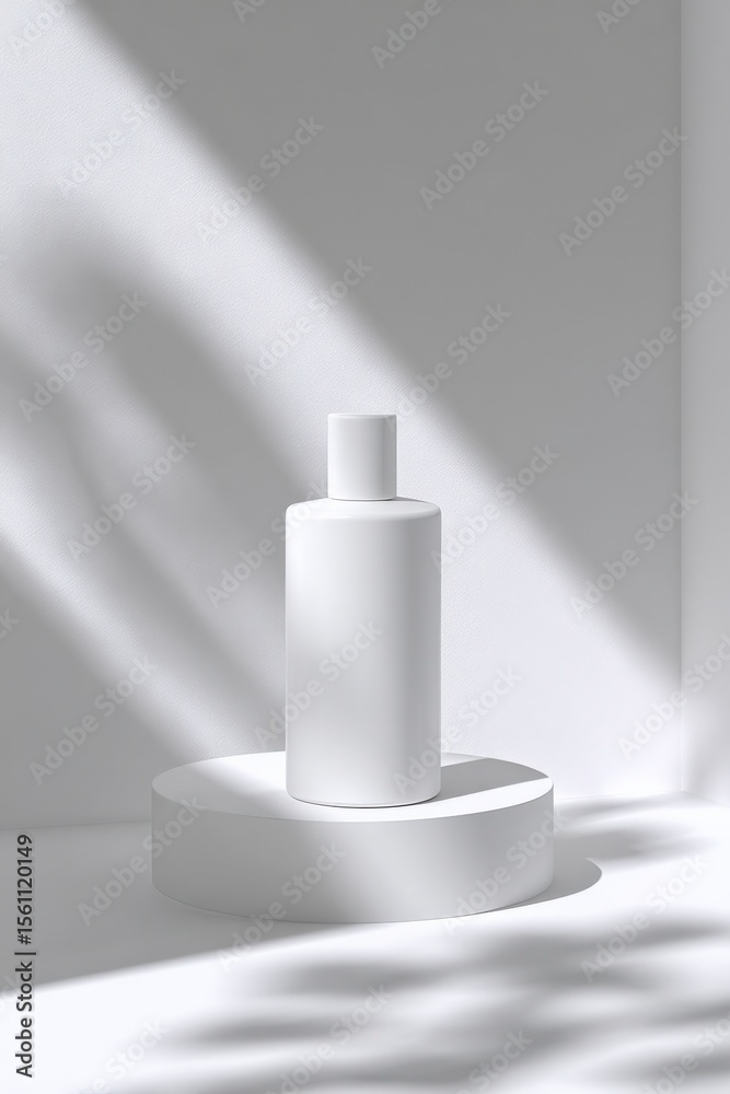 Poster minimalist white bottle on circular platform with shadow and light effect, contemporary modern desig