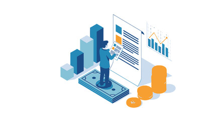 Isometric man analyzing financial data standing on money with charts and graphs