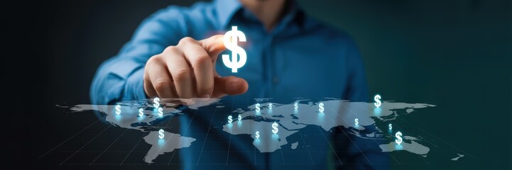 Person selecting a global financial symbol.