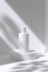 Minimalist White Bottle on Circular Platform with Shadow and Light Effect, Contemporary Modern Design for Skincare or Cosmetic Product Display