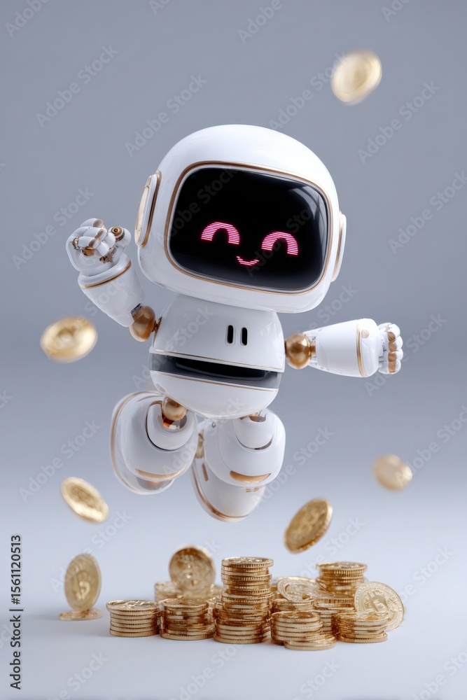 Aufkleber Adorable robot character with a smiling face floating above stacks of gold coins in a cheerful finance and technology themed scene