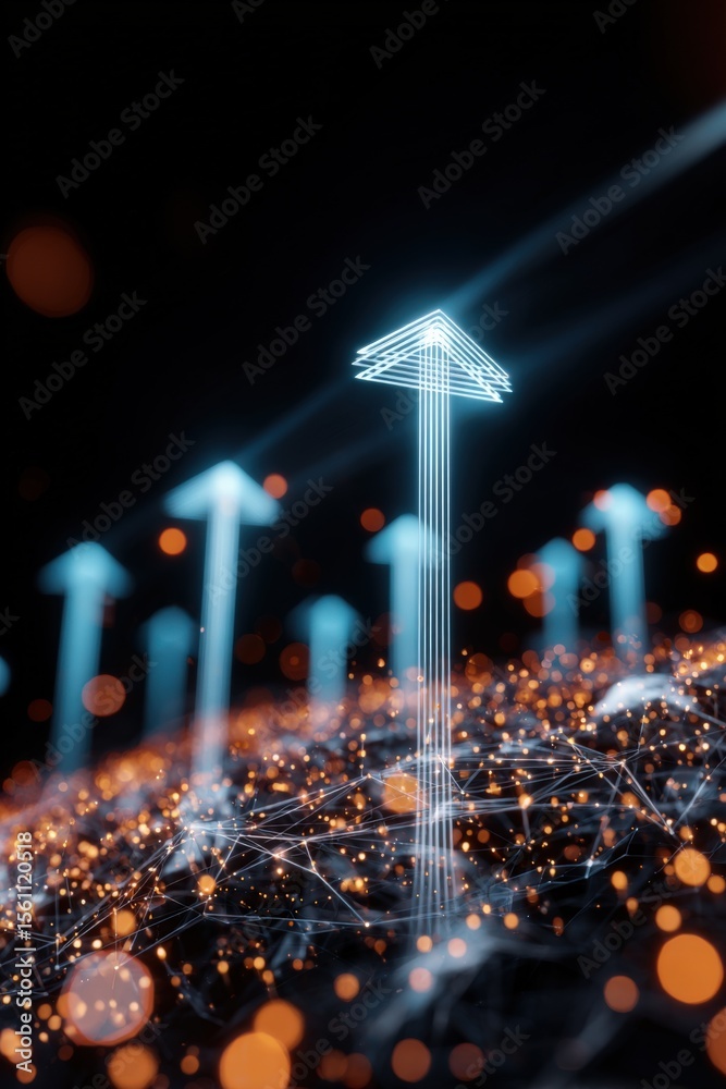 Poster Futuristic digital data network visualization with glowing arrows and interconnected nodes representing technology and information flow