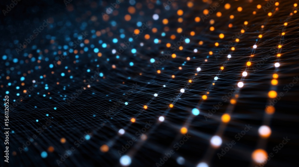 Poster Abstract Digital Data Visualization with Bright Orange and Blue Light Particles over Dark Background for Technology and Innovation Concepts