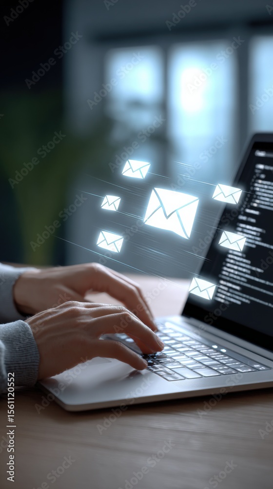 Poster Modern workspace with a person typing on a laptop computer sending and receiving digital email messages with glowing email icons and screens