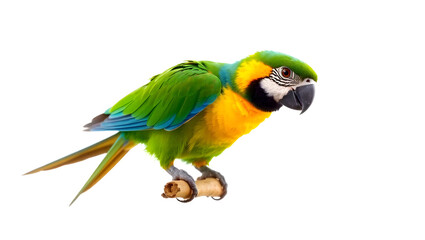 Fototapeta premium Colorful parrot perched against a clean white background, perfect for educational designs, wildlife art, and tropical-themed projects. 