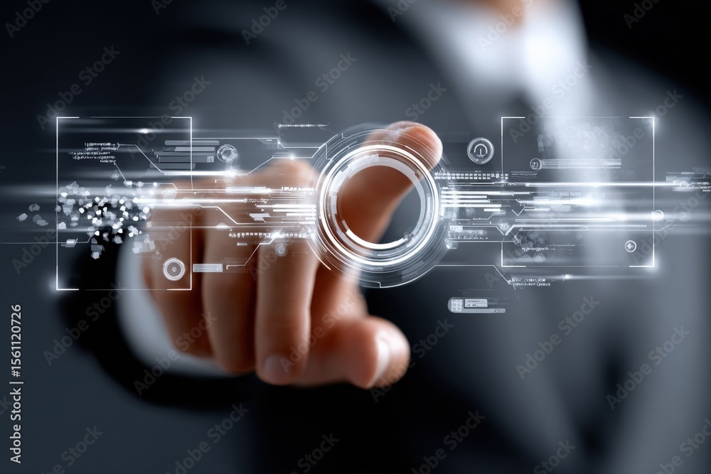 Aufkleber Futuristic digital interface hologram with a person's finger interacting with virtual controls and data visualization for technology concept