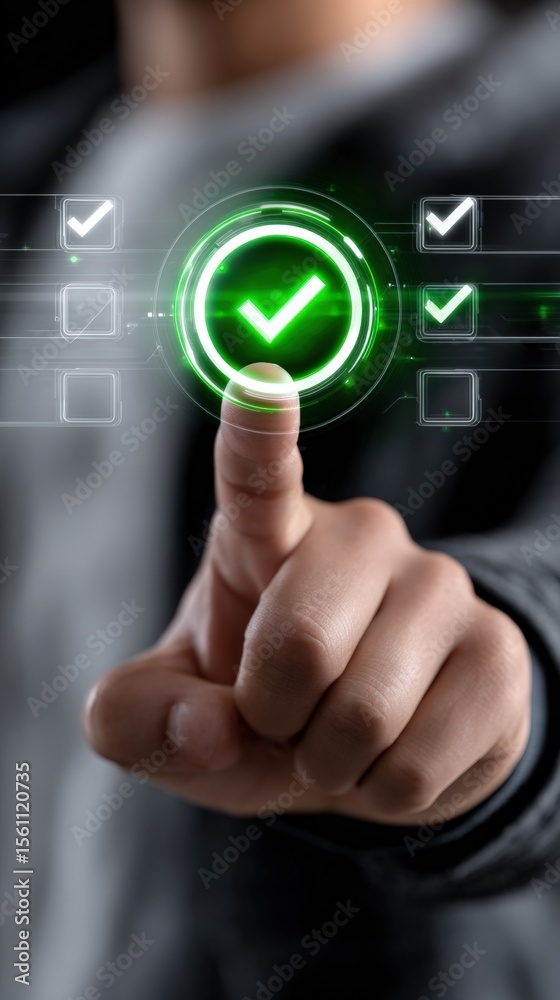 Poster businessman pressing digital checkmark icon on futuristic glowing interface screen indicating succes