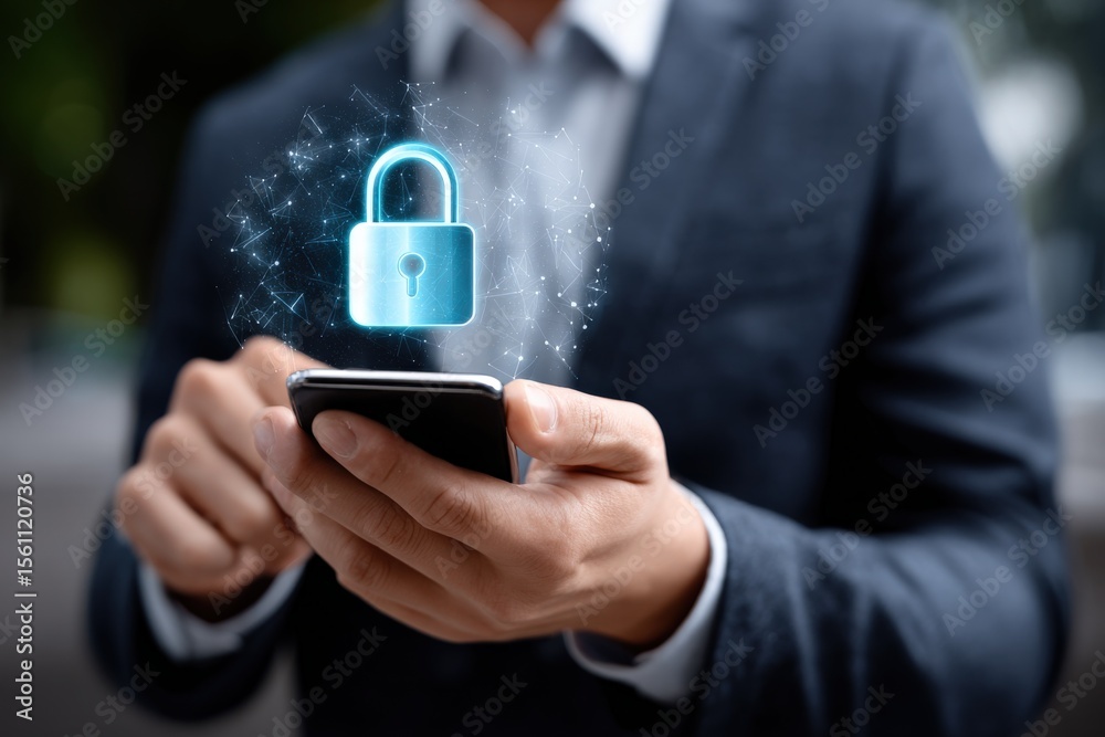 Poster businessman in formal suit holding smartphone with digital hologram lock icon representing cybersecu