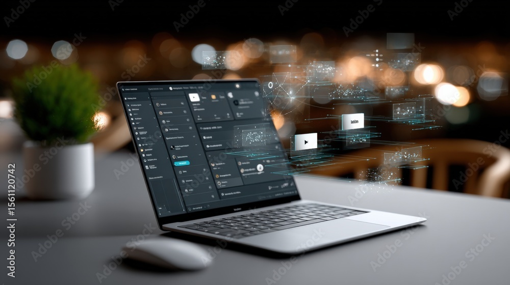 Poster Modern laptop computer displaying data management interface with digital connection icons and a blurred cityscape background at night
