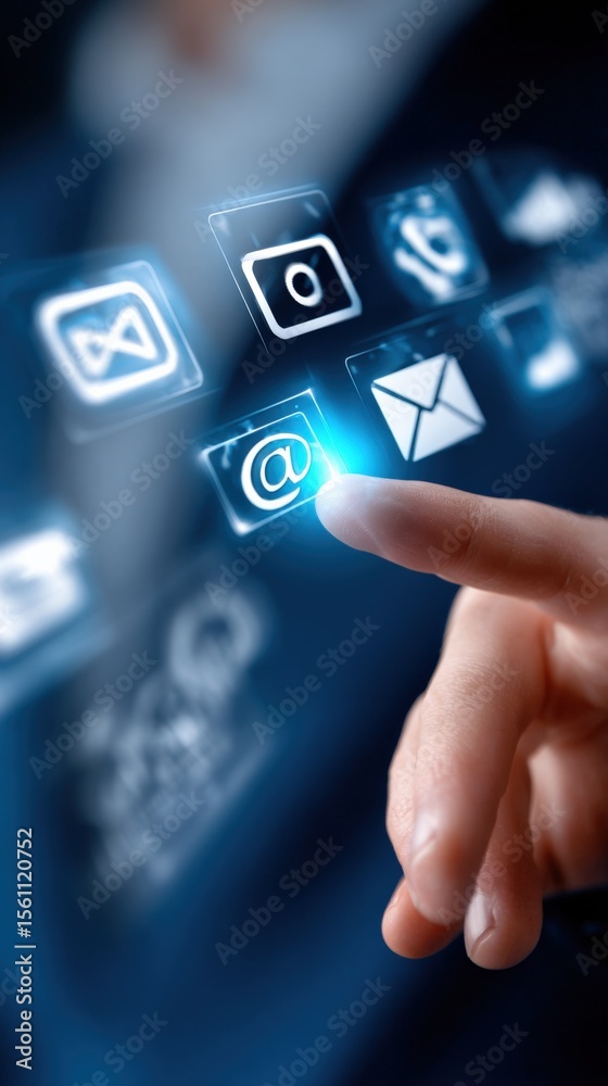 Fototapete High-tech touchscreen device with glowing digital icons including email message envelope at front with user finger pressing icon for communication and technology innovation