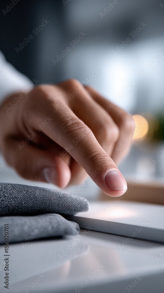 Aufkleber Close-up of a person's hand interacting with a touchscreen device in a modern office setting with blurred background and natural light