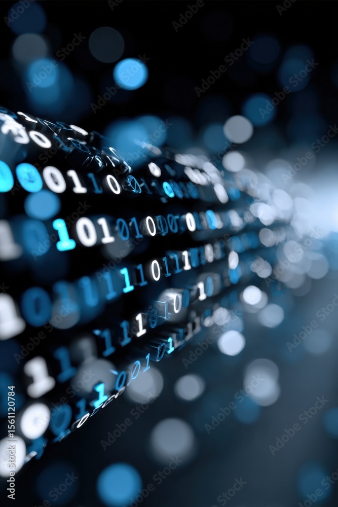 Poster Futuristic Digital Data Stream with Binary Codes and Glowing Blue Light Effects in a High-Tech Abstract Background for Technology Concept