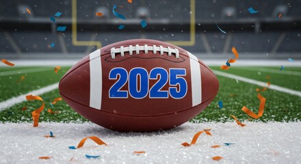 American Football with 2025 Text on Stadium Field