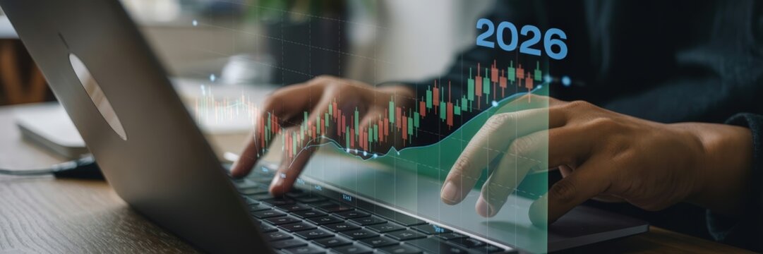 Hands typing on a laptop with financial charts overlay.
