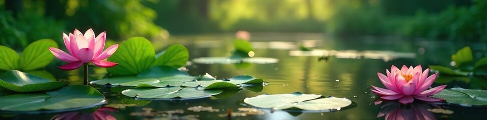 Serene Water Garden Vibrant Lotus Blossoms, Lush Lily Pads, and Sunlight Reflections ? Ideal for Tranquility, Nature, and Summer Stock Photos